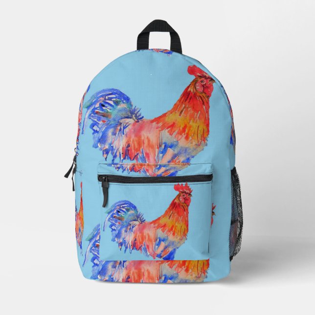 Rooster Watercolor Red Blue Boys Backpack (Front)