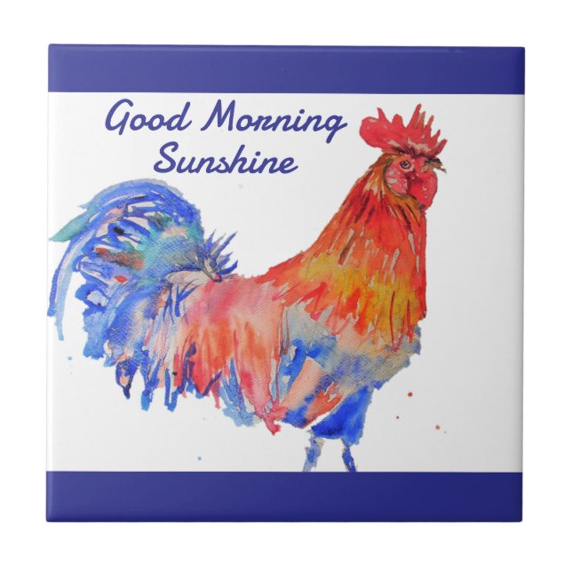Rooster Watercolor Red Blue Chicken Sunshine Tile (Front)