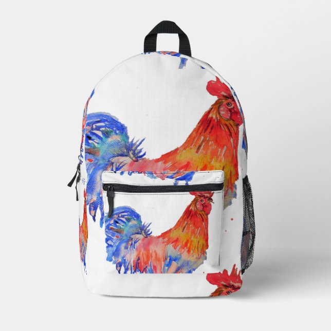 Rooster Watercolor Red Yellow Blue Chicken Printed Backpack (Front)