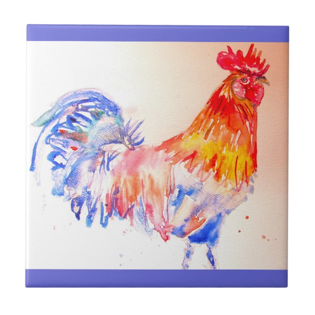 Rooster Watercolor Red Yellow Blue Chicken Tile (Front)