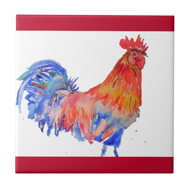 Rooster Watercolor Red Yellow Blue Chicken Tile (Front)