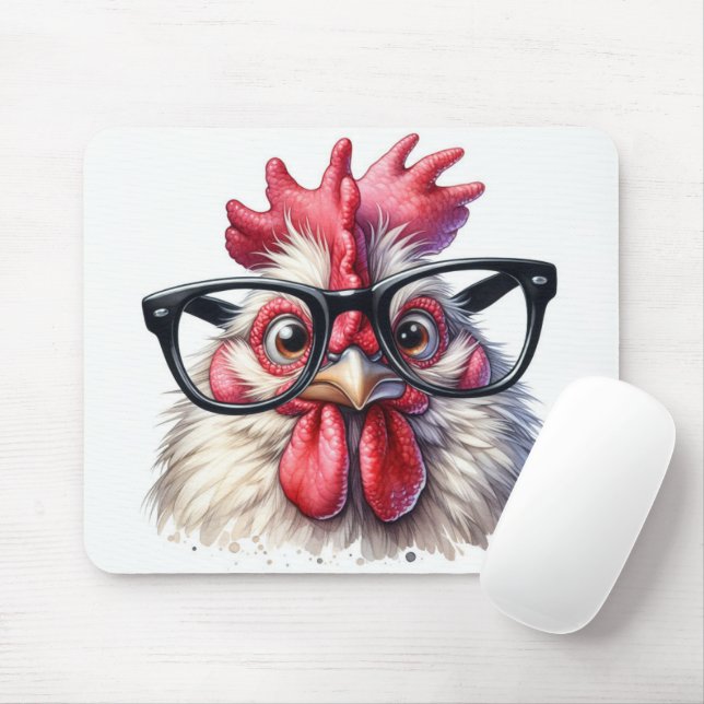 Rooster With Black Glasses Mouse Mat (With Mouse)