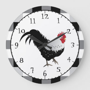 Rooster with Black White Check Large Clock