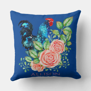 Rooster with Flowers Blue  Cushion