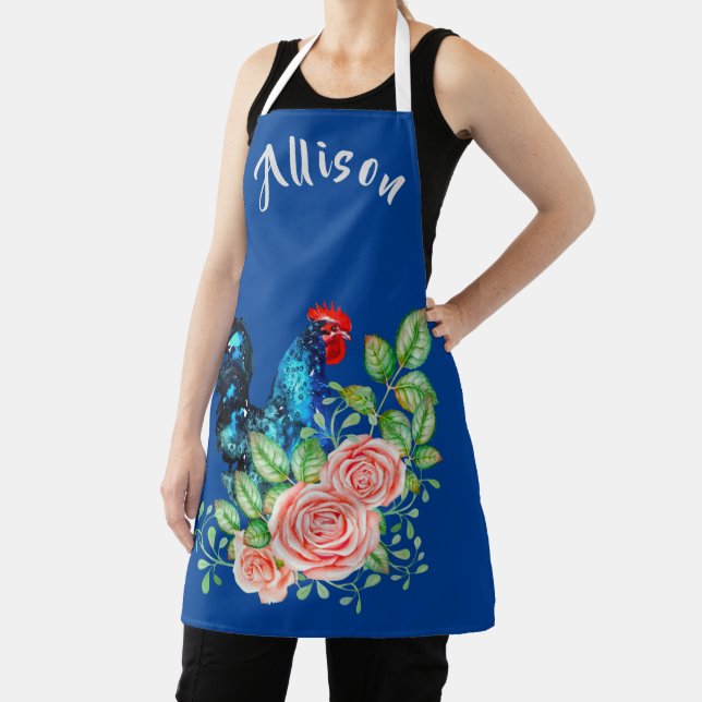 Rooster with Flowers Personalised Blue  Apron (Insitu)