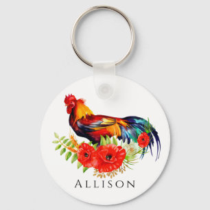 Rooster with Flowers Personalised Key Ring