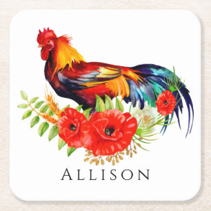 Rooster with Flowers Personalised Square Paper Coa Coaster