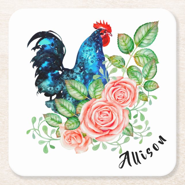 Rooster with Flowers Personalised Square Paper Coaster (Front)
