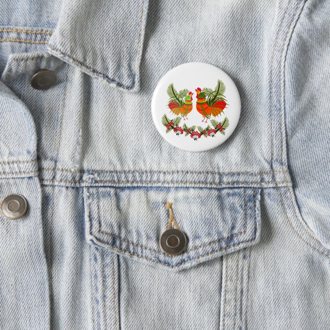 Rooster with hen 6 cm round badge (In Situ)