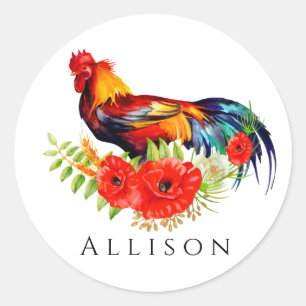 Rooster with Poppies Personalised Classic Round Sticker