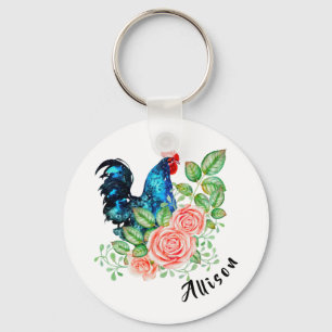 Rooster with Roses Key Ring