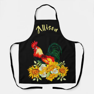 Rooster with Sunflowers Black Personalised Apron