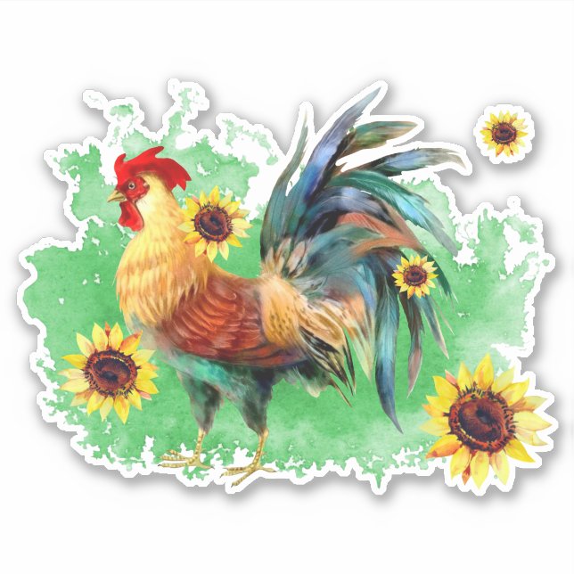 Rooster with Sunflowers Custom-Cut Vinyl Sticker (Front)