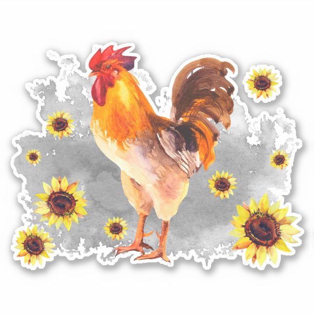 Rooster with Sunflowers Custom-Cut Vinyl Sticker (Front)