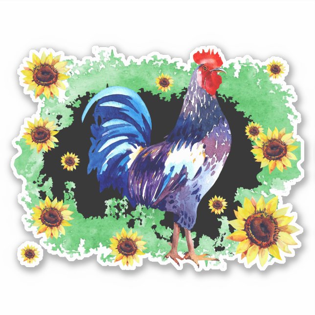 Rooster with Sunflowers Custom-Cut Vinyl Sticker (Front)