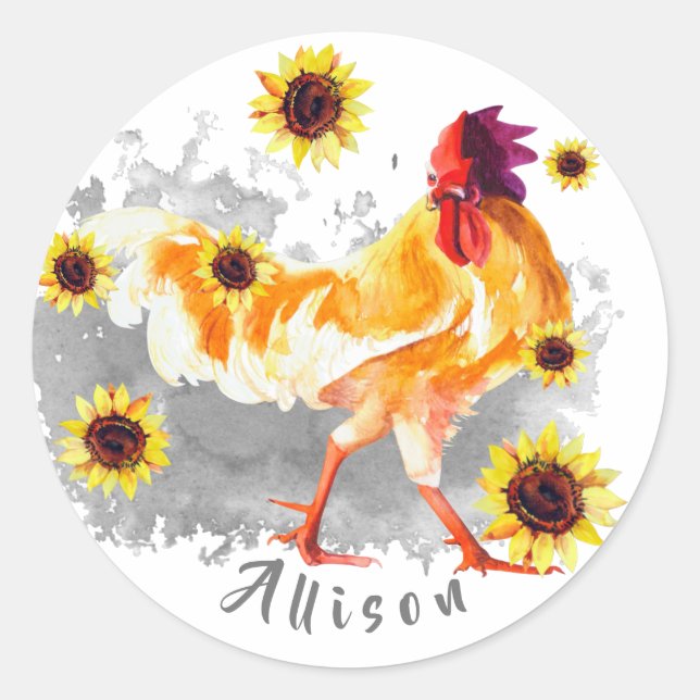 Rooster with Sunflowers Personalised Classic Round Classic Round Sticker (Front)