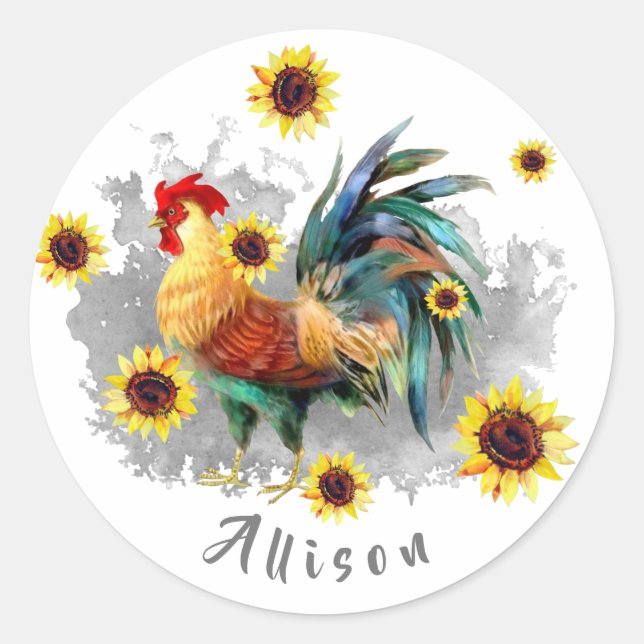Rooster with Sunflowers Personalised Classic Round Sticker (Front)