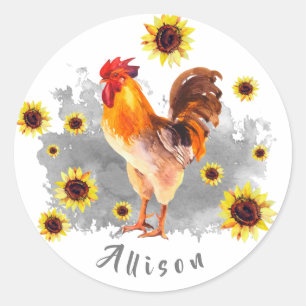 Rooster with Sunflowers Personalised Classic Round Sticker
