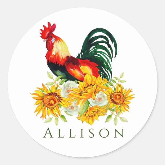 Rooster with Sunflowers Personalised  Classic Round Sticker (Front)