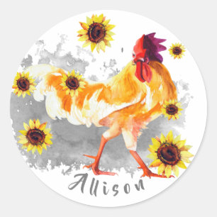 Rooster with Sunflowers Personalised Classic Round Sticker