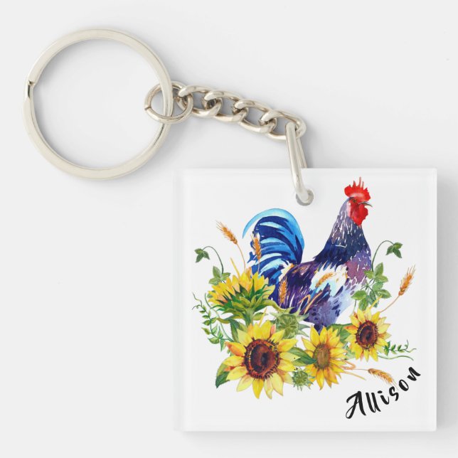 Rooster with Sunflowers Personalised  Key Ring (Front)