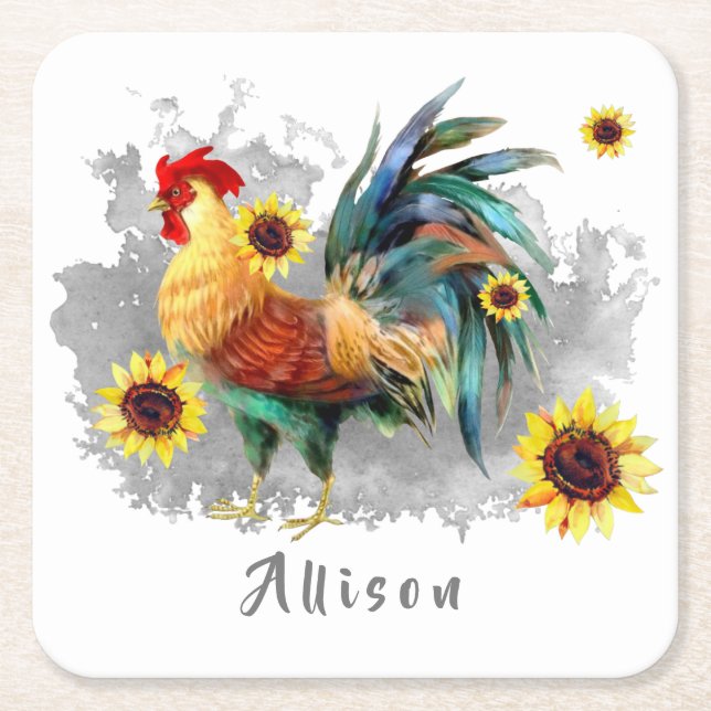 Rooster with Sunflowers Personalised Square Paper Coaster (Front)
