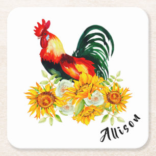 Rooster with Sunflowers Personalised Square Paper Coaster