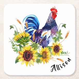 Rooster with Sunflowers Personalised Square Paper Coaster