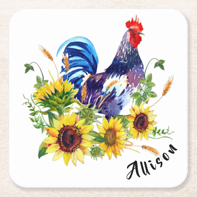 Rooster with Sunflowers Personalised Square Paper Coaster (Front)