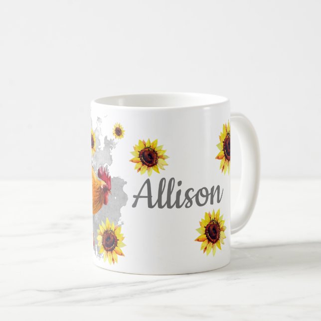 Rooster with Sunflowers Personalised Watercolor Co Coffee Mug (Front Right)