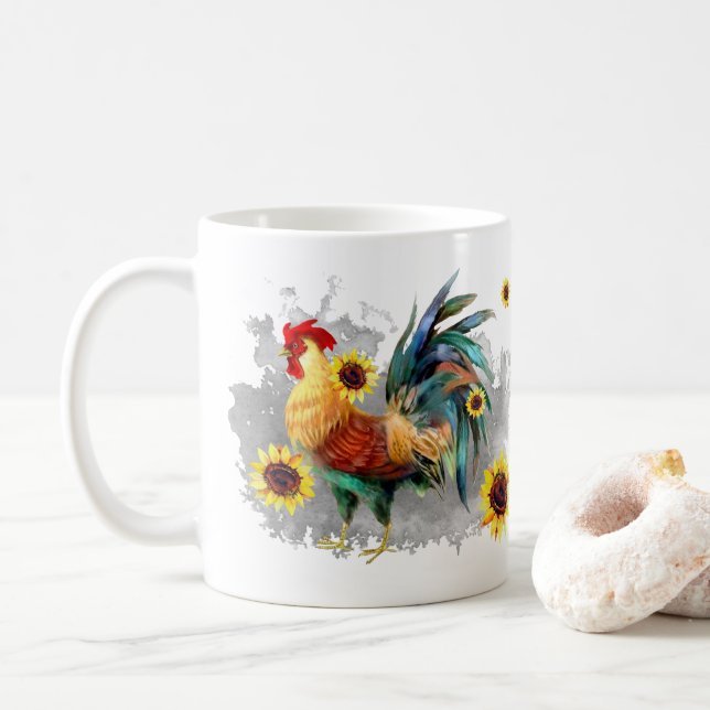 Rooster with Sunflowers Personalised Watercolor Coffee Mug (With Donut)