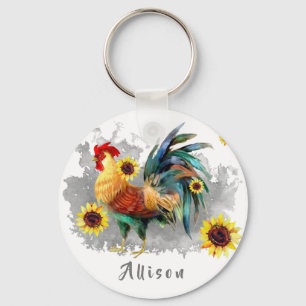 Rooster with Sunflowers Personalized Key Ring