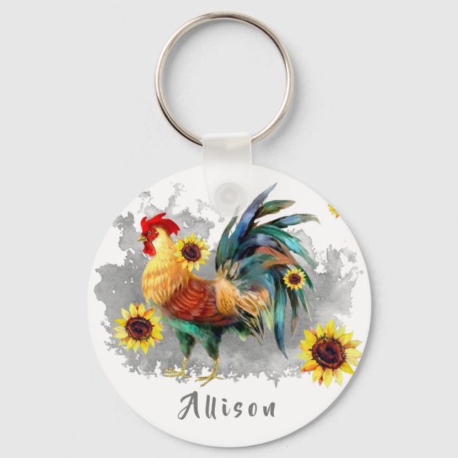 Rooster with Sunflowers Personalized Key Ring (Front)