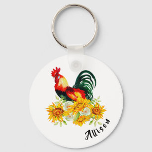Rooster with Sunflowers Personalized  Key Ring