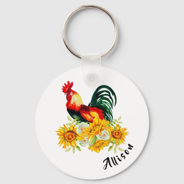 Rooster with Sunflowers Personalized  Key Ring (Front)