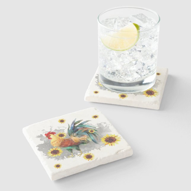 Rooster with Sunflowers Stone Coaster (Side)