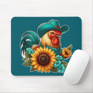 Rooster With Teal Hat and Sunflowers  Mouse Mat