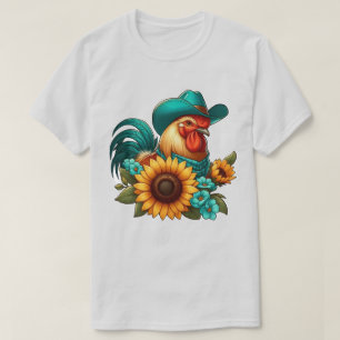 Rooster With Teal Hat and Sunflowers T-Shirt