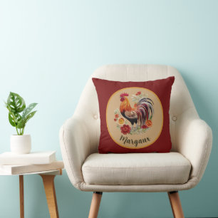 Rooster with Vivid Feathers n Roses Farmhouse Red Cushion