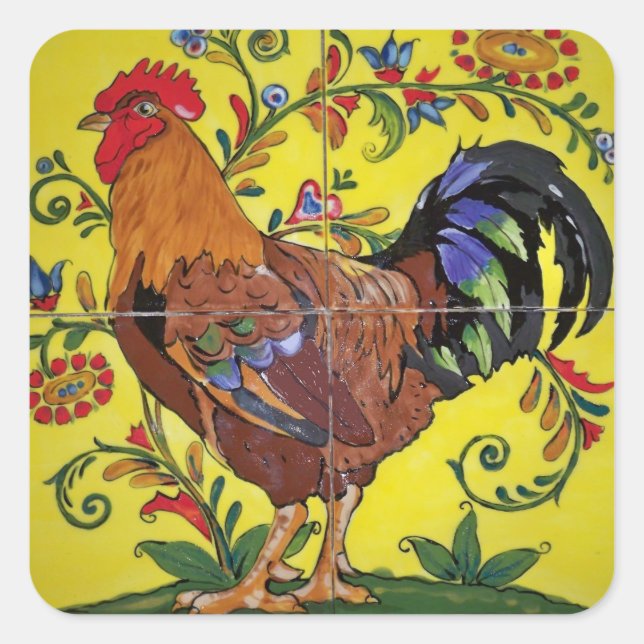 Rooster Yellow  Floral Tile Folk Art Country Square Sticker (Front)