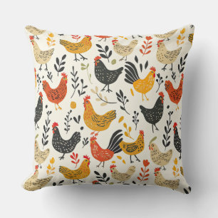 Roosters and Chickens Simple Illustration Print Cushion