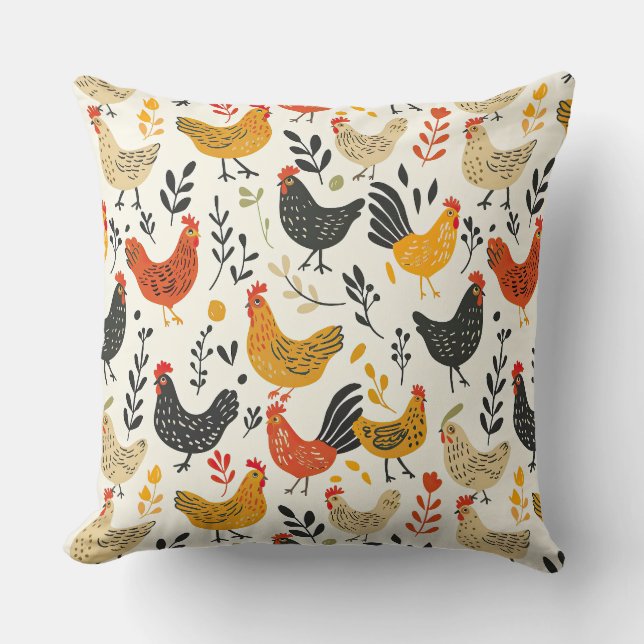 Roosters and Chickens Simple Illustration Print Cushion (Front)