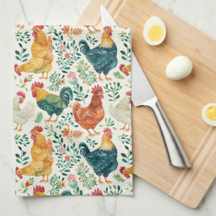 Roosters and Flowers Tea Towel