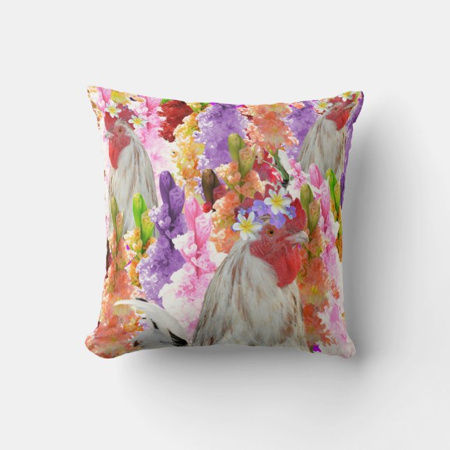 Roosters And Hollyhock Flowers, Cushion (Front)