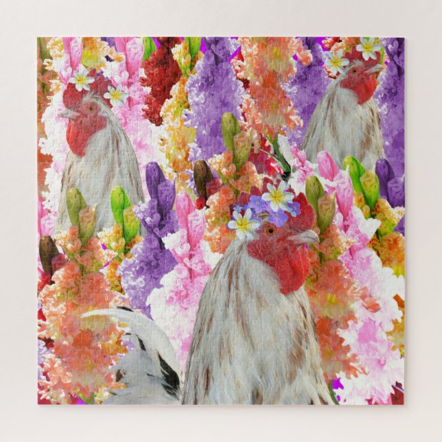 Roosters And Hollyhock Flowers, Jigsaw Puzzle (Vertical)