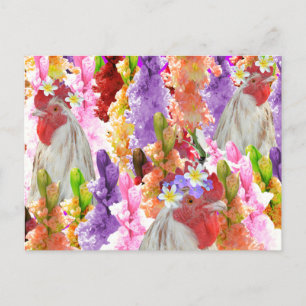 Roosters And Hollyhocks, Holiday Postcard