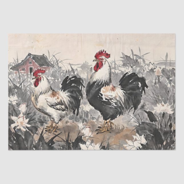 Roosters Chinese Ink Painting Decoupage Tissue Paper (Front)