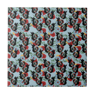 Roosters Folk Floral Mexican Pattern Tile