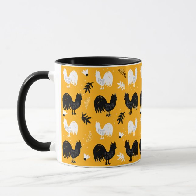 Roosters Hand Drawn Floral Farm Pattern Mug (Left)