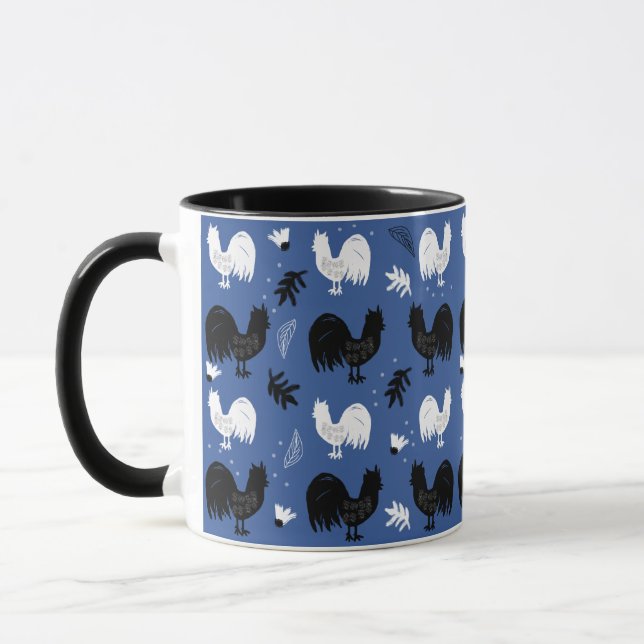 Roosters Hand Drawn Floral Farm Pattern Mug (Left)